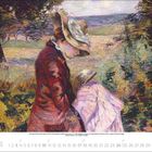 "10 2023" und Kalendertage unten. Malerei: Zwei Frauen mit Hut lesen im Grünen.