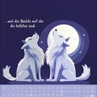 „… weil die Nächte mit dir die hellsten sind.“ Zwei Wölfe heulen den Vollmond an, darunter ein Kalender für Oktober 2027.