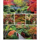 10, 2023. 

Herbstlicher Garten mit buntem Laub, Brücken und Pflanzen.