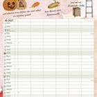 Kalenderblatt für Oktober 2027 mit Aktivitäten wie Kürbisse schnitzen, Pilze bestimmen und Enten füttern. Illustration mit Kürbissen, Mais und Pilzen.