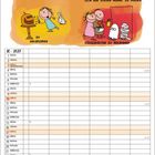 "Halloween heißt... Jemand zu erschrecken, sich auf diesen Monat zu freuen, zu dekorieren, Süßigkeiten zu bekommen."  
Eine Illustration mit fröhlichen Kindern in Halloween-Kostümen. Darunter ein Kalender für Oktober 2023.