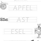 „Spure die Wörter nach.“ APFEL, AST, ESEL, ENTE. Illustrationen: Apfel, Ast, Esel, Ente und Apfelbaum.