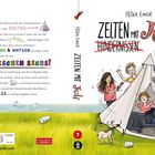 Der Titel lautet "Zelten mit Juli". Zwei Kinder und Tiere stehen um ein Zelt auf einer Wiese mit verstreutem Müll.