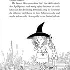 Text erzählt von Petronella, die auf Lucius' Rücken klettert. Illustration zeigt eine Hexe in einem Garten mit Tieren.