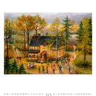 Text: "Die Waldgaststätte" und Kalenderdaten für Oktober.  
Illustration: Herbstliches Gasthaus mit Menschen und Bäumen.