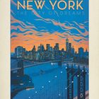 "NEW YORK THE CITY OF DREAMS" steht über einer Illustration der New Yorker Skyline bei Sonnenuntergang mit einer Brücke im Vordergrund.