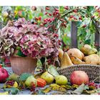 10, ein Kalender mit Oktober-Daten; herbstliche Szene mit Hortensien, Birnen, Äpfeln und buntem Laub.