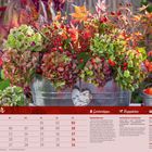 "Oktober" steht oben, darunter ein Kalender und Gartentipps. Ein Metalleimer mit bunten Herbstblumen im Vordergrund.