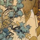 Kalenderblatt für Oktober mit Jugendstil-Illustration von Alfons Mucha. Zeigt eine detaillierte, geschwungene Gestaltung in Naturfarben.