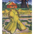 Text: "10" und Kalendertage unten. Illustration: Heuhaufen, Windmühle, rotes Haus, blauer Himmel und grüne Bäume.