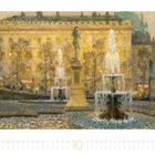 Kalenderseite Oktober 2023. Gemälde von einem Platz mit Brunnen und Bäumen, beleuchtetes Gebäude im Hintergrund.