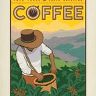 "FAIR TRADE SOUTH AMERICAN COFFEE" oben. Darunter ein Erntearbeiter mit Hut, der Kaffeekirschen pflückt. Kalenderzahlen unten.