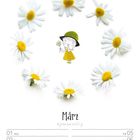 "März" und Datumsangaben. Illustration: Mädchen mit gelbem Kleid und Hut, umgeben von Gänseblümchen.