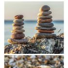 Kalenderblatt für Oktober, zeigt Steine in Holz, Steinmännchen am Meer und eine Muschel auf Kieseln.