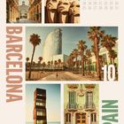 Große Beschriftungen: "BARCELONA" links, "SPAIN" unten rechts. Zahl "10". Fotos von bekannten Gebäuden und Strukturen.