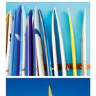 03, 10, 17, 24, 31 in Blau hervorgehoben. Ein buntes Strandhaus, Surfbrett-Regal und ein Segelboot am Meer.