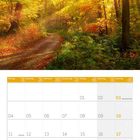 Kalender für Oktober 2027, mit Feiertagen und einem herbstlichen Waldpfad bei Sonnenlicht.