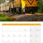 Kalender für Oktober 2027, Wochenbeginn Montag. Oben gelbe Lokomotive in grüner Landschaft.