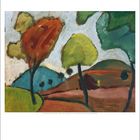 Gemälde von Gabriele Münter, "Herbstliche Landschaft", zeigt stilisierte Bäume in warmen Erdtönen. Darunter ein Kalender für Oktober.