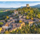 10, Rocca di Orcia, Provinz Siena, 1-31, auf einem Kalenderblatt. Luftaufnahme eines malerischen Hügeldorfes mit Burg.