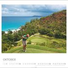 Text: "Oktober" und Kalendertage. Oberer Bereich: Golfer auf grünem Hügel, Meer im Hintergrund.