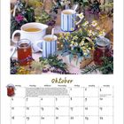 Text: „Oktober“ und Beschreibung von Honig als Süßungsmittel. Kalenderblatt mit Kräutern, Tee und Honig oben arrangiert.