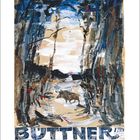 Text: "BÜTTNER" und "Oktober". Illustration eines Waldes mit einem Wildschwein auf einem Pfad. Dominiert von Blau- und Brauntönen.