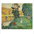 Kalenderseite mit Gemälde. Text: "10" und Datumsliste. Impressionistische Landschaft mit Bäumen, Fluss und zwei Personen.