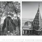 10, 1-31, Termitenhügel, Tempelspitze, Bangalen, Indien, Varanasi, Fluss. Links Termitenhügel im Wald, rechts Tempel am Fluss.