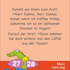 2. Illustration: Krokodil mit Rettungsring, Datum 27/28, März, Samstag, Sonntag, Ostern/Sommerzeit. Witz über Arztbesuch.