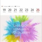 Text: "Lass dich vom Leben verzaubern!" Farbflecken in Blau, Grün, Gelb, Pink, Lila. Monatskalender vom 19. bis 25. Juli.