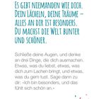 Es gibt niemanden wie dich... Du machst die Welt bunter und schöner. Illustration mit Herzsymbolen und Wolken.