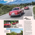 "Alter und Schönheit: Ein Alfa Romeo 1900 C Super Sprint Touring aus dem Jahr 1956 bei der Mille Miglia 2017."  
In der Mitte sind rote klassische Alfa Romeo-Autos auf einer Strecke in einer grünen Landschaft.