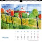 Oktoberkalender mit Illustration einer idyllischen Landschaft mit roten Dächern und bunt gefärbten Bäumen im Herbst.