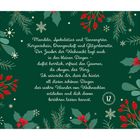 Ein grüner Hintergrund mit Tannenzweigen, roten Beeren und Schneeflocken. Text über den Zauber von Weihnachten.