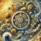 „X-Rad des Schicksals“; eine Illustration mit einem zentralen Rad, himmlischen und spiralförmigen Mustern.