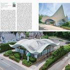 Horgan Academy of Irish Dance, geschwungenes Dach, viel Glas, Grünflächen, amerikanische Architektur der 60er Jahre.