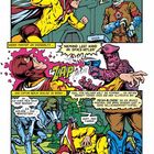 Comic-Stil: Ein Held wird von einem Energieblitz getroffen. Ein Bösewicht befiehlt einem Roboter, den Helden wegzubringen.