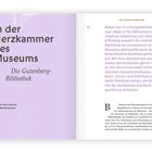 Links: „In der Herzkammer des Museums“, „Die Gutenberg-Bibliothek“, Dr. Marco Brösch. Rechts: Text über die Gutenberg-Bibliothek.