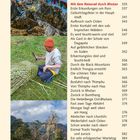 Texte: Inhaltsverzeichnis mit Seitenzahlen, Themen zu Bhutanreisen.

Bild: Oben Person mit Gebetsfahnen, Mitte Person beim Flechten, unten Zelte und Wald.