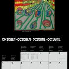 OKTOBER · OCTOBER · OCTOBRE · OCTUBRE. Illustration von Hundertwasser, bunte, abstrakte Darstellungen von Gebäuden und Natur.