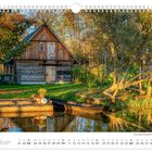 Text unten: "Buschmühle Raddusch", "Oktober", Kalendarium. Herbstlandschaft mit Holzhaus, Boot, Bäumen und Spiegelung im Wasser.