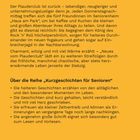 Der Text beschreibt heitere Seniorengeschichten über Abenteuer, Freundschaft und zeitlose Erinnerungen. Logo links oben.