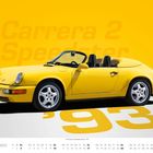 Text: "Carrera 2 Speedster", "'93", "Oktober". Gelber Sportwagen-Cabrio auf gelbem Hintergrund, Kalender unten.