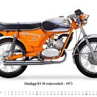 Zündapp KS 50 watercooled – 1973. Darunter ein Kalender für Oktober. Ein orangefarbenes Motorrad im Retro-Stil.