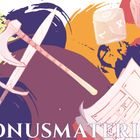 "BONUSMATERIAL" steht unten. Farbige Illustration mit Axt, Schwert, Würfeln und Papier auf buntem, abstraktem Hintergrund.
