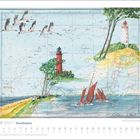 Oktober 2027. Nordlichter. Illustration einer Karte mit Leuchttürmen, fliegenden Vögeln und Segelbooten auf dem Wasser.