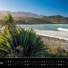 "Neuseeland", "Strand bei Kaikoura, Canterbury". Küstenlandschaft mit grünem Busch, Kieselstrand, Wellen und Bergen im Hintergrund.