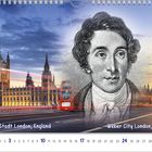 "Weber-Stadt London, England" und "Weber City London, England" sind zu sehen. Im Hintergrund: Big Ben und das Parlamentsgebäude bei Sonnenuntergang, vorne ein gezeichnetes Porträt.