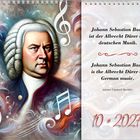 Zitat über Johann Sebastian Bach. Links eine bunte Illustration von Bach mit musikalischen Symbolen. Rechts ein Kalender.
